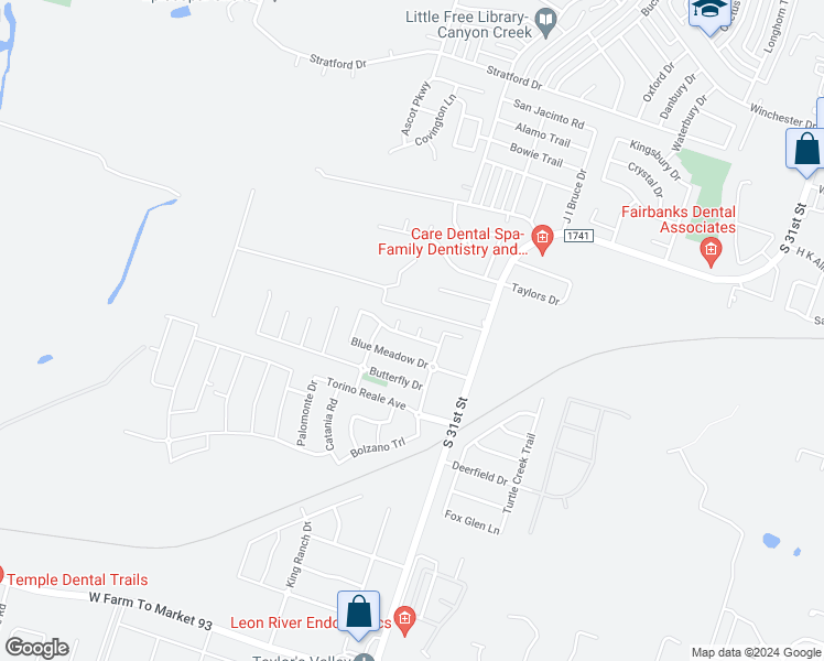 map of restaurants, bars, coffee shops, grocery stores, and more near 5603 Stecher Court in Temple