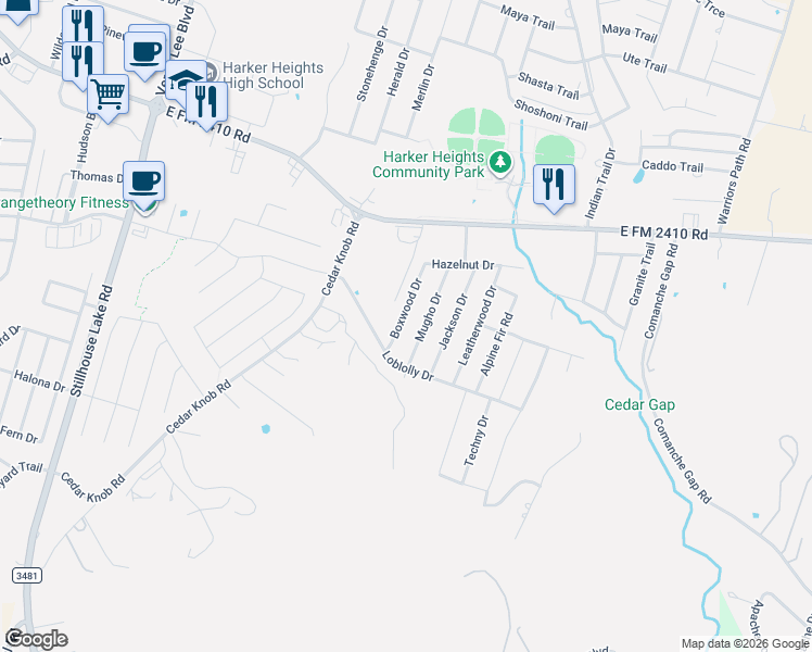 map of restaurants, bars, coffee shops, grocery stores, and more near 2527 Mugho Drive in Harker Heights