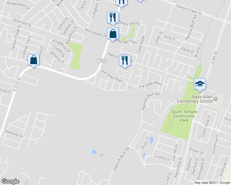 map of restaurants, bars, coffee shops, grocery stores, and more near 5309 Sandstone Drive in Temple