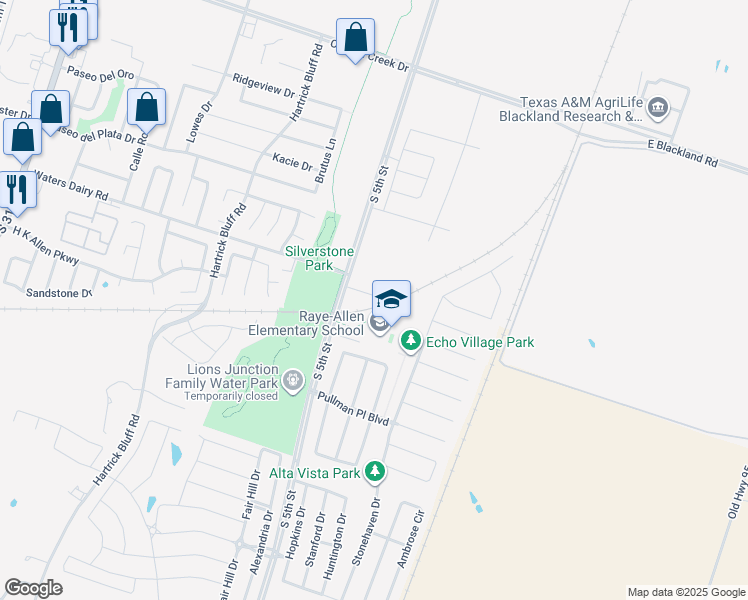 map of restaurants, bars, coffee shops, grocery stores, and more near 121 Andy Lane in Temple