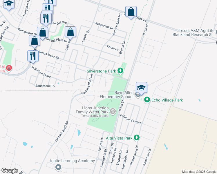 map of restaurants, bars, coffee shops, grocery stores, and more near 5019 Jeanine Drive in Temple