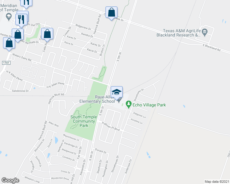 map of restaurants, bars, coffee shops, grocery stores, and more near 121a Andy Lane in Temple