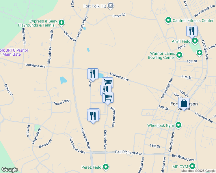 map of restaurants, bars, coffee shops, grocery stores, and more near Colorado Avenue in Fort Polk South
