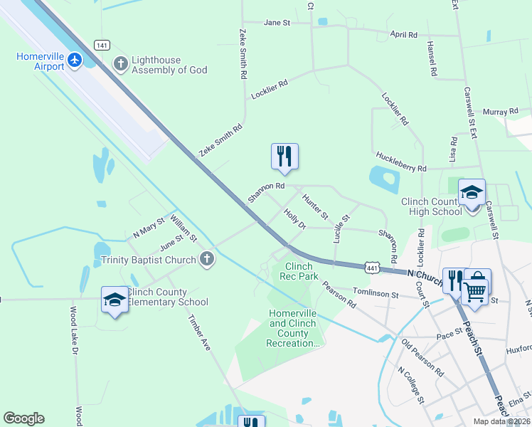 map of restaurants, bars, coffee shops, grocery stores, and more near 102 Green Street in Homerville