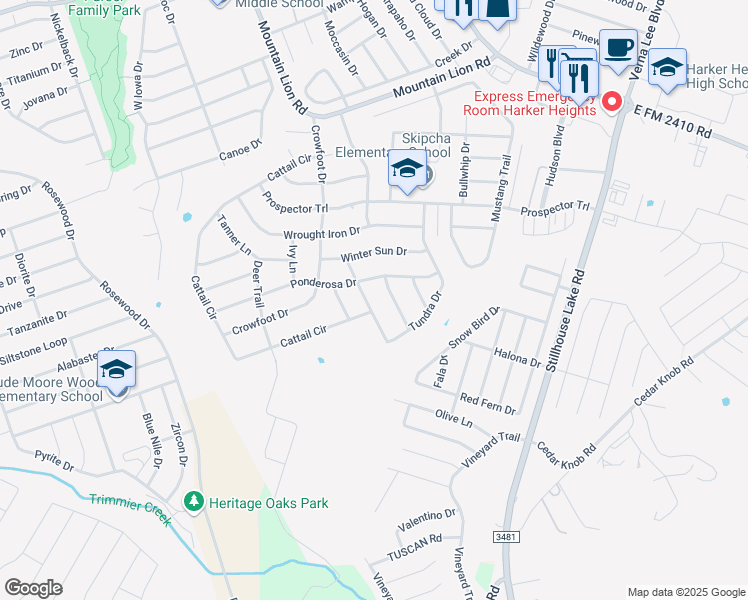 map of restaurants, bars, coffee shops, grocery stores, and more near 714 Tundra Drive in Harker Heights