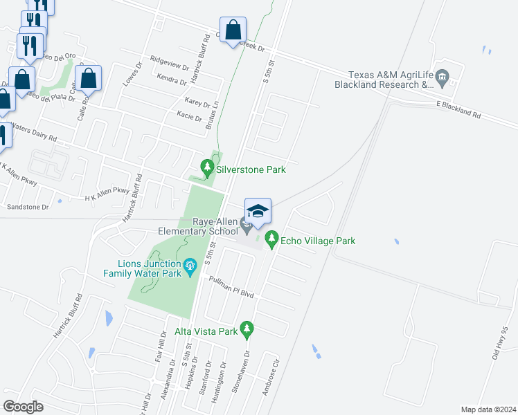 map of restaurants, bars, coffee shops, grocery stores, and more near 4950 Stonehaven Drive in Temple
