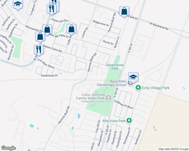 map of restaurants, bars, coffee shops, grocery stores, and more near 5111 Colonial Village Cove in Temple