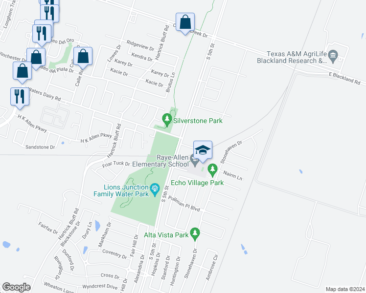 map of restaurants, bars, coffee shops, grocery stores, and more near 215B Andy Lane in Temple