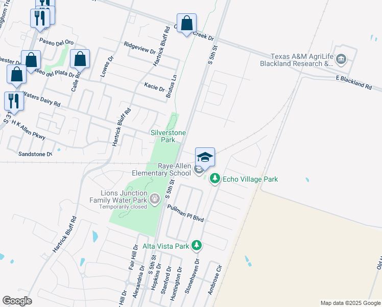 map of restaurants, bars, coffee shops, grocery stores, and more near 121a Andy Lane in Temple