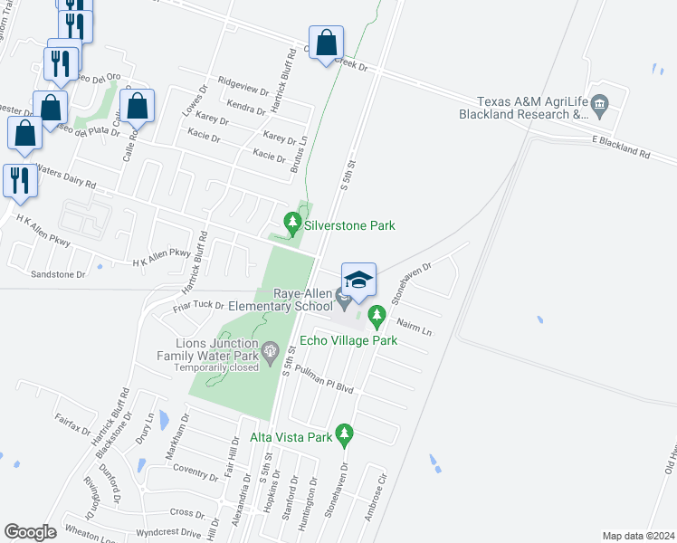 map of restaurants, bars, coffee shops, grocery stores, and more near 204B Andy Lane in Temple