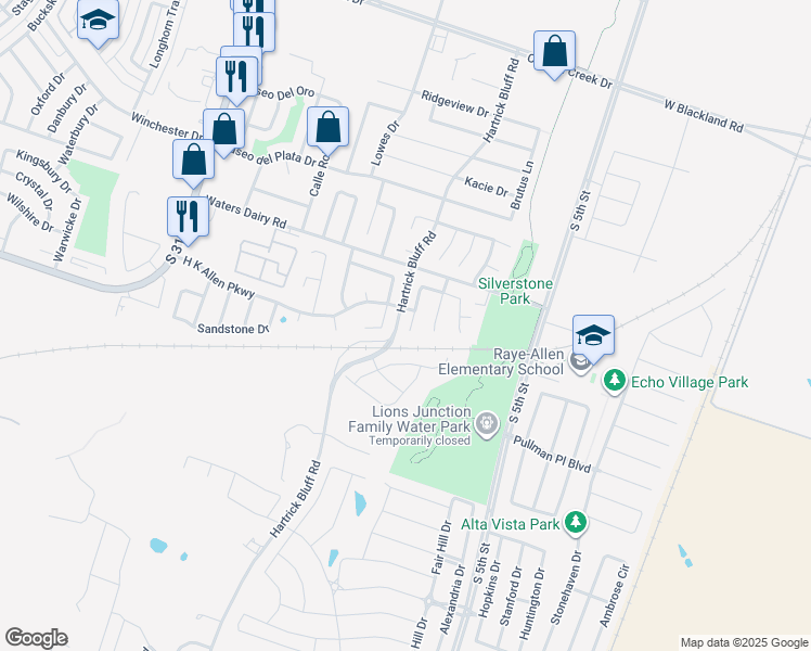 map of restaurants, bars, coffee shops, grocery stores, and more near 5022 Karla Way in Temple