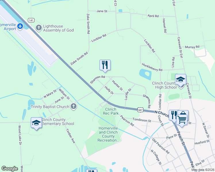 map of restaurants, bars, coffee shops, grocery stores, and more near 102 Green Street in Homerville