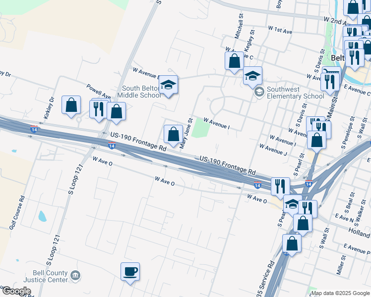 map of restaurants, bars, coffee shops, grocery stores, and more near 1000 Mary Jane Street in Belton