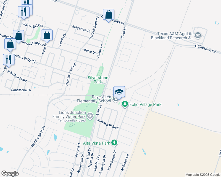 map of restaurants, bars, coffee shops, grocery stores, and more near 208A Andy Lane in Temple