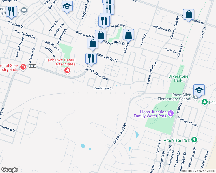 map of restaurants, bars, coffee shops, grocery stores, and more near 5211 Flint Rock Lane in Temple