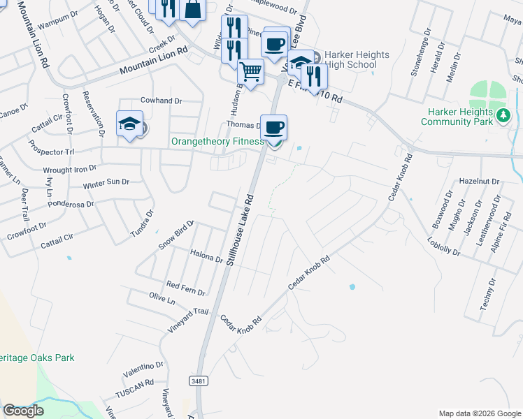 map of restaurants, bars, coffee shops, grocery stores, and more near 2509 Red Fern Drive in Harker Heights
