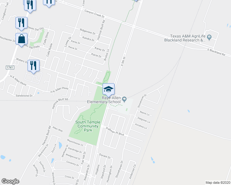 map of restaurants, bars, coffee shops, grocery stores, and more near 300 Waters Dairy Road in Temple