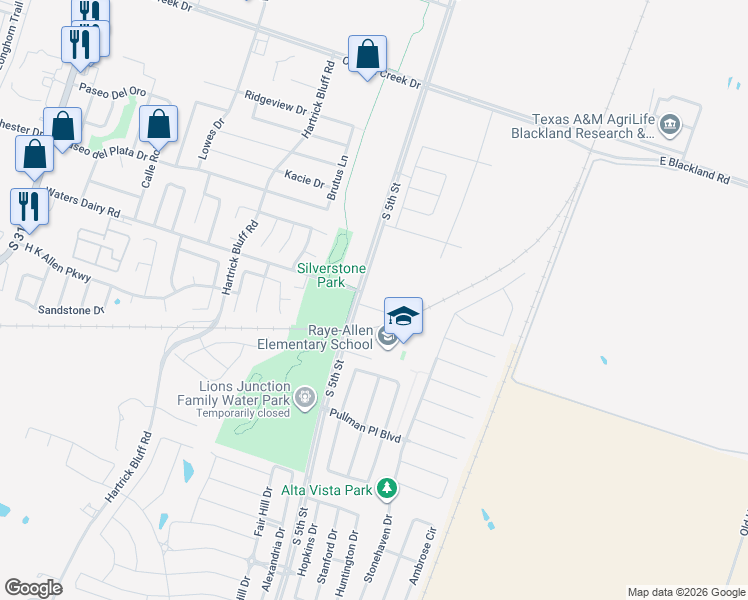 map of restaurants, bars, coffee shops, grocery stores, and more near 212 Andy Lane in Temple