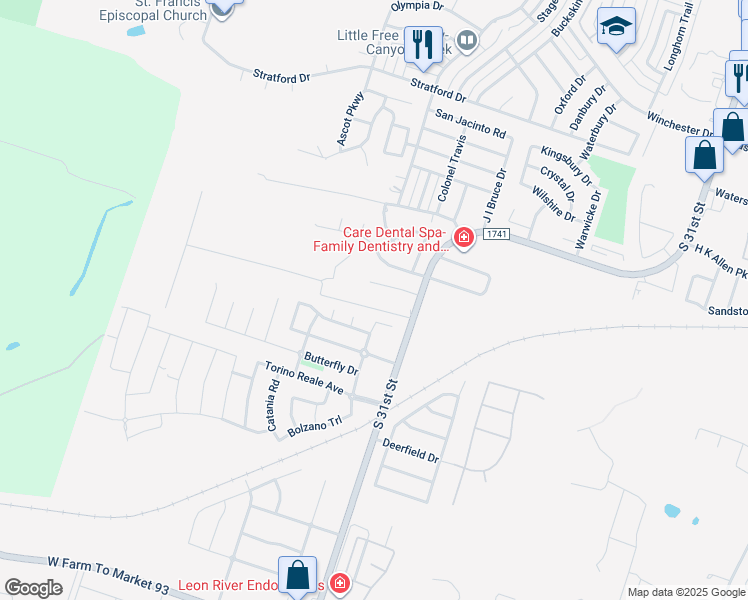 map of restaurants, bars, coffee shops, grocery stores, and more near 2615 Taylor's Ridge Road in Temple