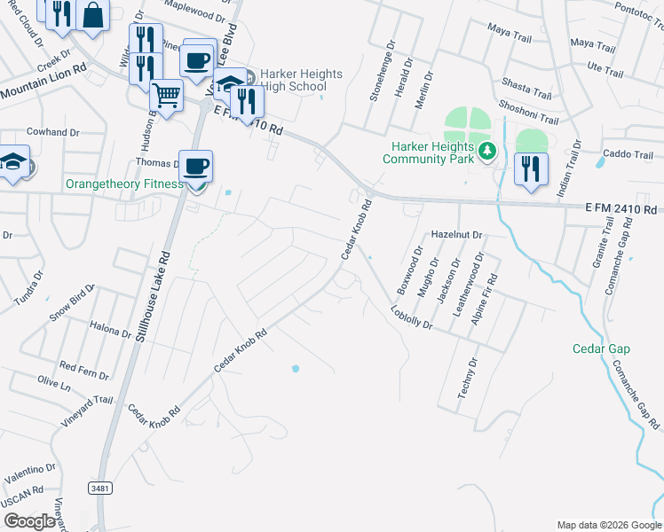 map of restaurants, bars, coffee shops, grocery stores, and more near 3133-3221 Cedar Knob Road in Harker Heights