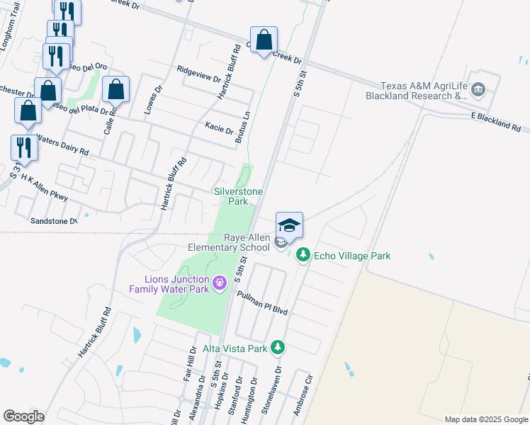 map of restaurants, bars, coffee shops, grocery stores, and more near 216 Andy Lane in Temple
