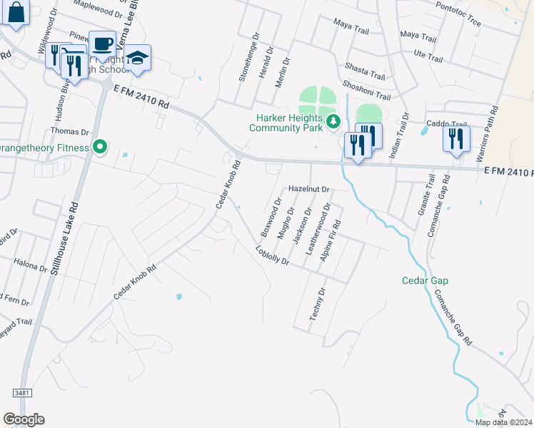 map of restaurants, bars, coffee shops, grocery stores, and more near 2519 Boxwood Drive in Harker Heights