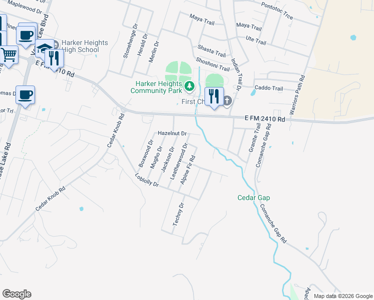 map of restaurants, bars, coffee shops, grocery stores, and more near 2508 Leatherwood Drive in Harker Heights