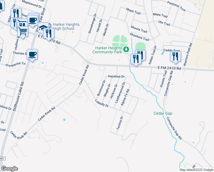 map of restaurants, bars, coffee shops, grocery stores, and more near 2513 Boxwood Drive in Harker Heights
