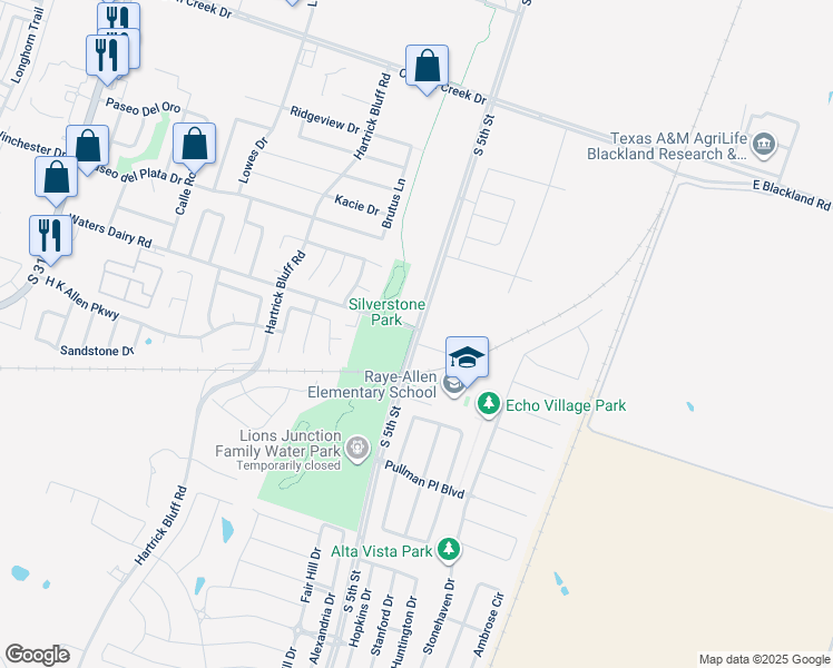 map of restaurants, bars, coffee shops, grocery stores, and more near 300 Waters Dairy Road in Temple