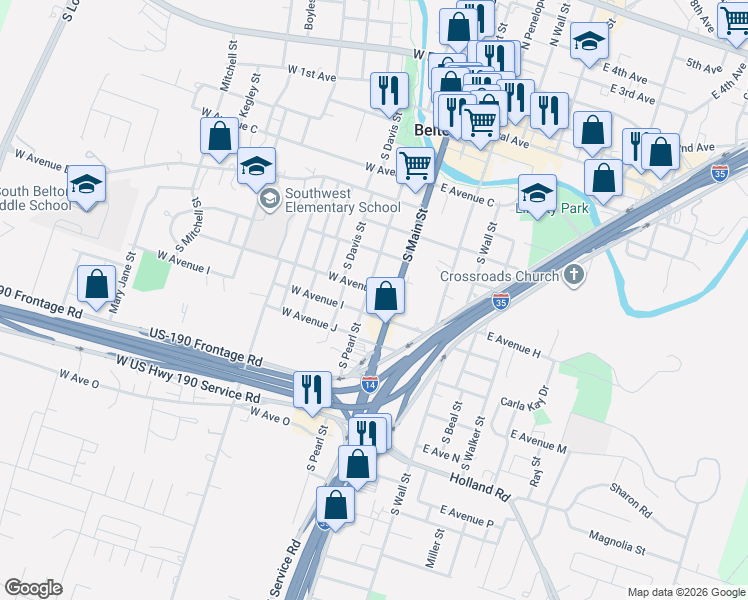 map of restaurants, bars, coffee shops, grocery stores, and more near 106 West Avenue H in Belton