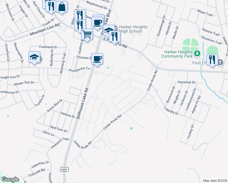 map of restaurants, bars, coffee shops, grocery stores, and more near 1104 Prospector Trail in Harker Heights