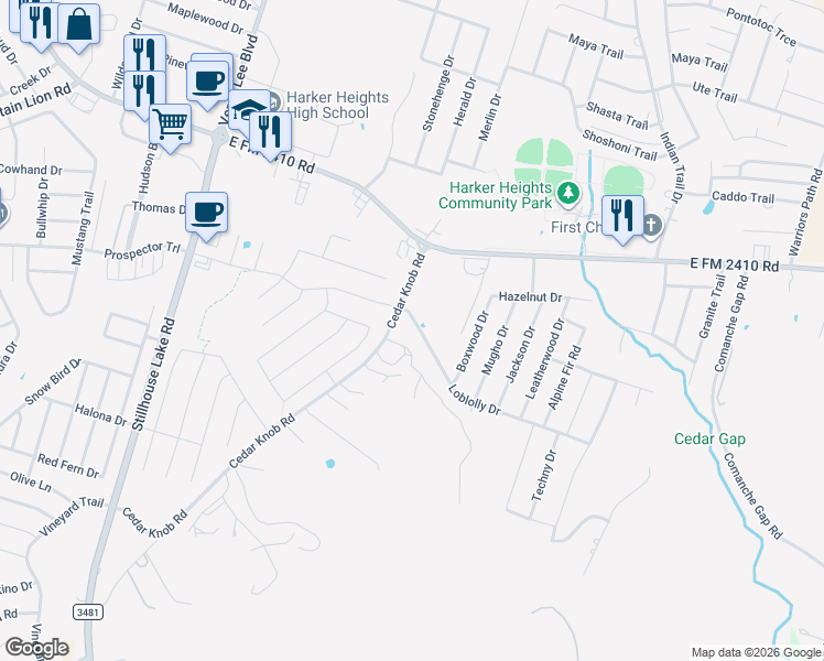 map of restaurants, bars, coffee shops, grocery stores, and more near 1406 Loblolly Drive in Harker Heights