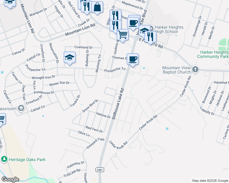 map of restaurants, bars, coffee shops, grocery stores, and more near 804 Kachina Loop in Harker Heights
