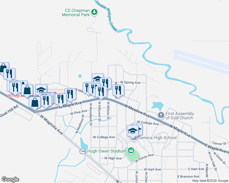 map of restaurants, bars, coffee shops, grocery stores, and more near 701 West Jernigan Avenue in Geneva