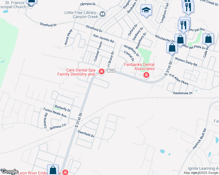 map of restaurants, bars, coffee shops, grocery stores, and more near 219 Taylors Drive in Temple