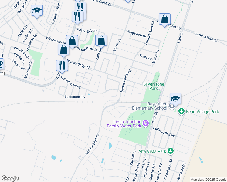 map of restaurants, bars, coffee shops, grocery stores, and more near 825 H K Allen Parkway in Temple