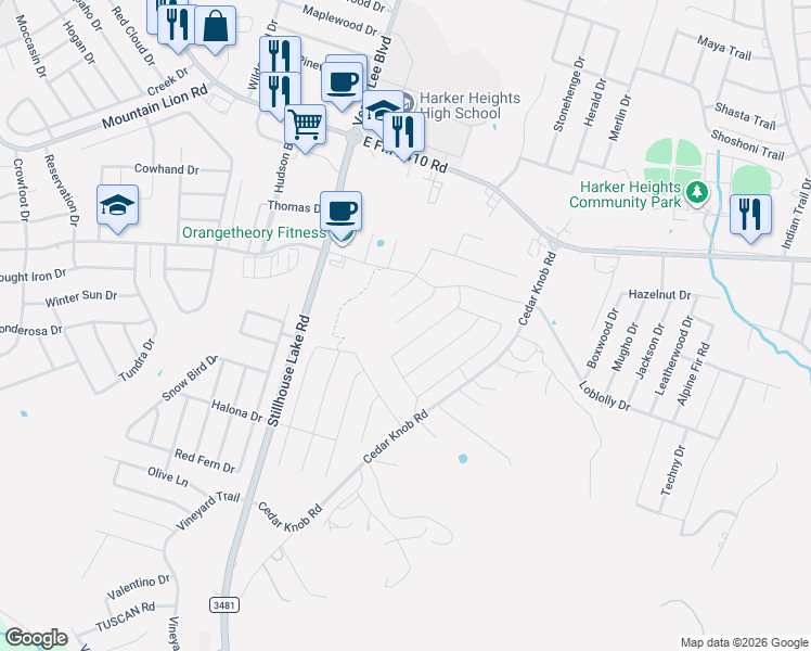 map of restaurants, bars, coffee shops, grocery stores, and more near 1104 Prospector Trail in Harker Heights