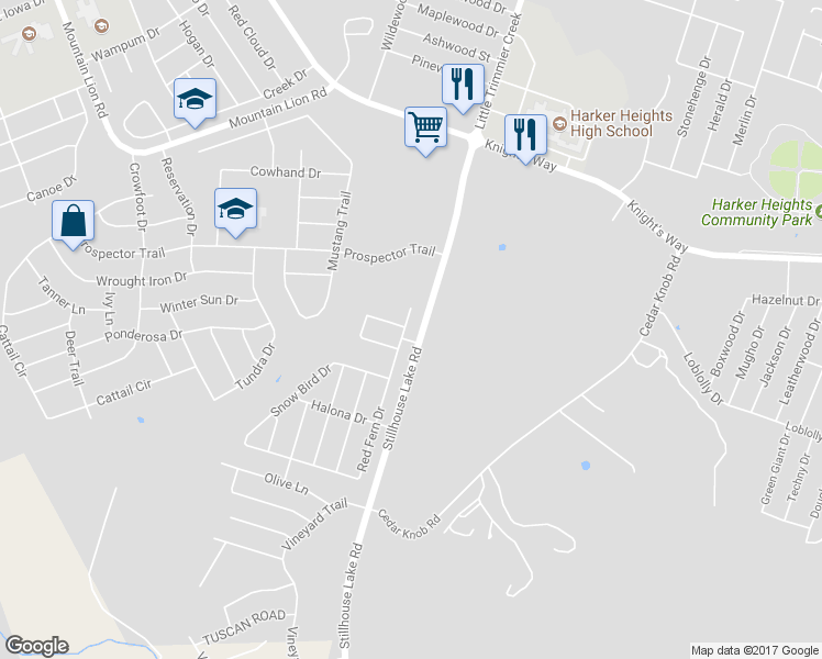 map of restaurants, bars, coffee shops, grocery stores, and more near 2509 Red Fern Drive in Harker Heights
