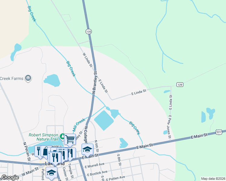 map of restaurants, bars, coffee shops, grocery stores, and more near 27 East Linda Street in Lakeland