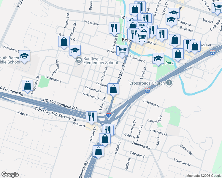 map of restaurants, bars, coffee shops, grocery stores, and more near 106 West Avenue H in Belton