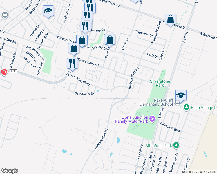 map of restaurants, bars, coffee shops, grocery stores, and more near 1106 H K Allen Parkway in Temple