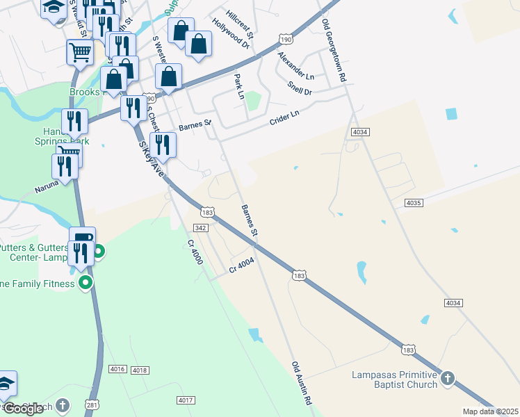map of restaurants, bars, coffee shops, grocery stores, and more near 1652 County Road 4034 in Lampasas