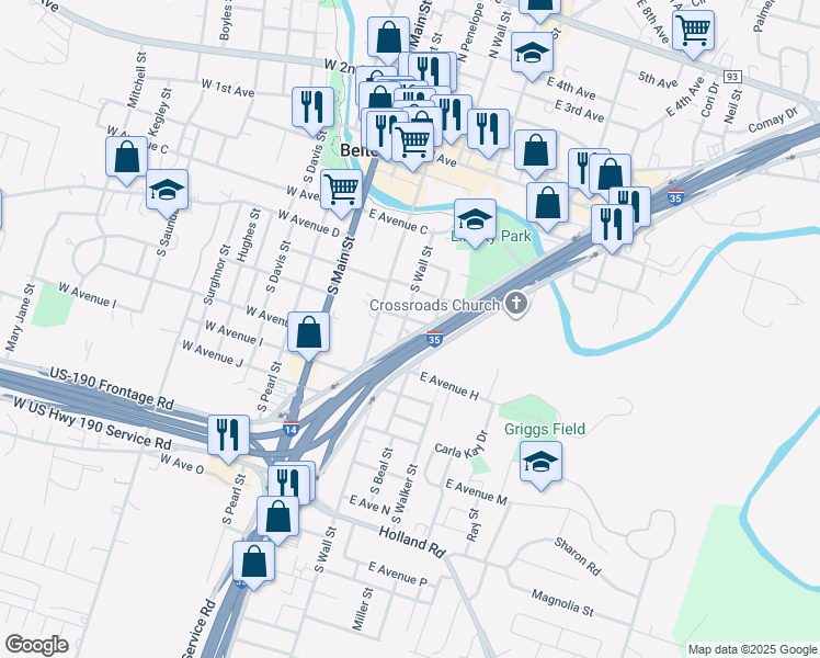 map of restaurants, bars, coffee shops, grocery stores, and more near 722 S Wall St in Belton