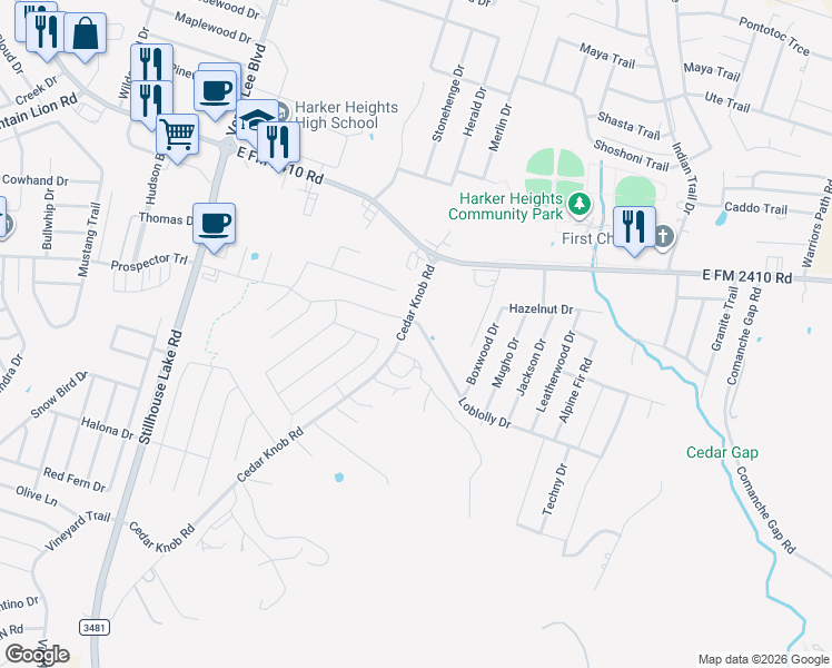 map of restaurants, bars, coffee shops, grocery stores, and more near 1402 Loblolly Drive in Harker Heights
