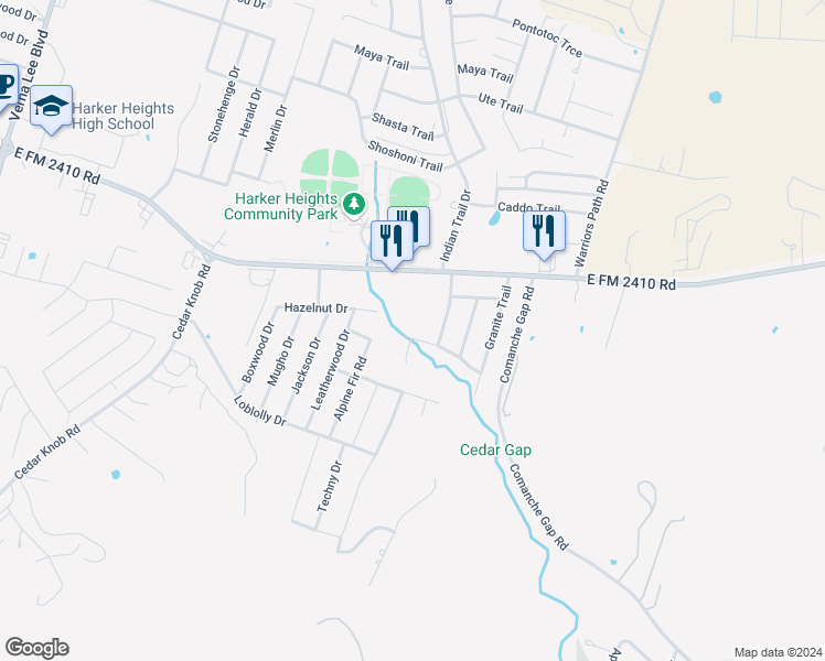 map of restaurants, bars, coffee shops, grocery stores, and more near 1703 Quarry Trail in Harker Heights