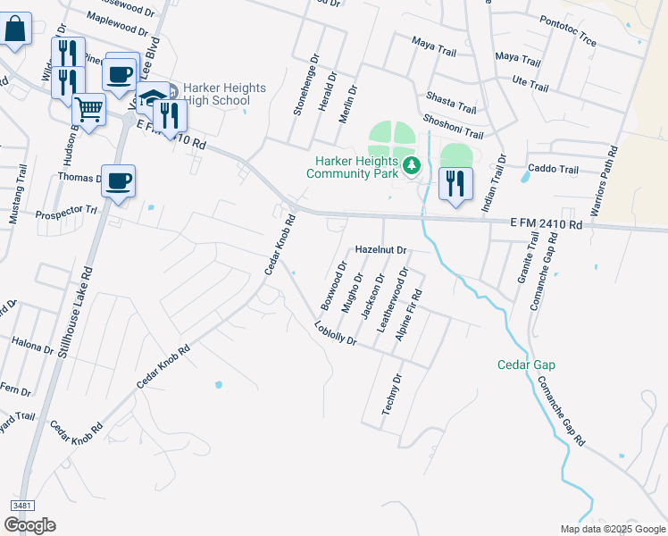 map of restaurants, bars, coffee shops, grocery stores, and more near 2513 Boxwood Drive in Harker Heights