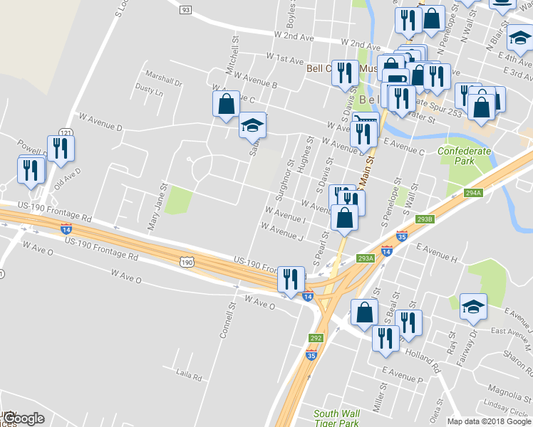 map of restaurants, bars, coffee shops, grocery stores, and more near 504 West Avenue I in Belton