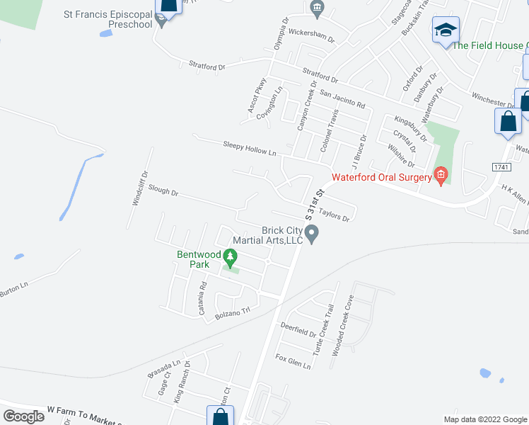 map of restaurants, bars, coffee shops, grocery stores, and more near 2615 Taylor's Ridge Road in Temple