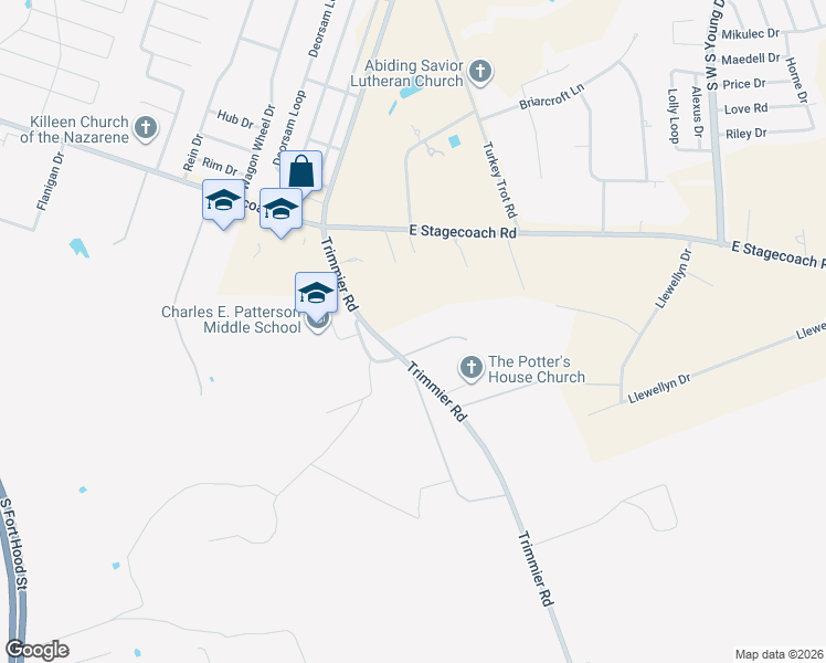 map of restaurants, bars, coffee shops, grocery stores, and more near 8590 Trimmier Road in Killeen