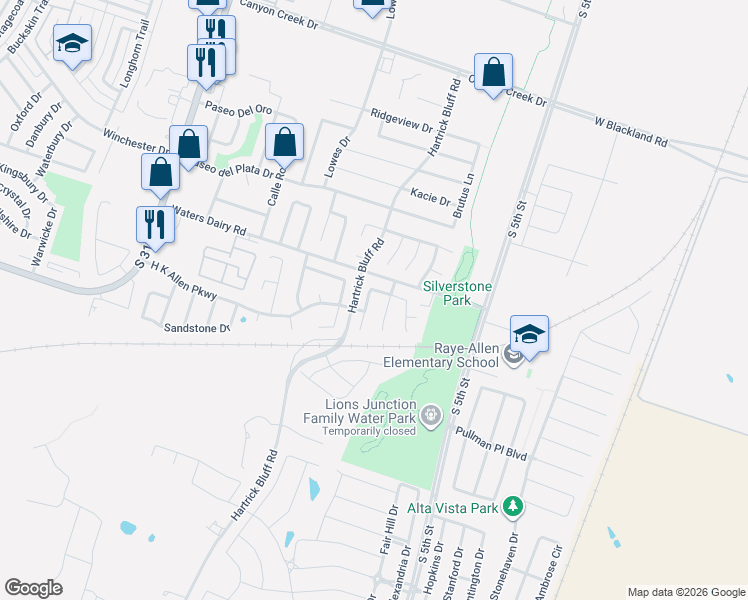 map of restaurants, bars, coffee shops, grocery stores, and more near 4929 Karla Way in Temple